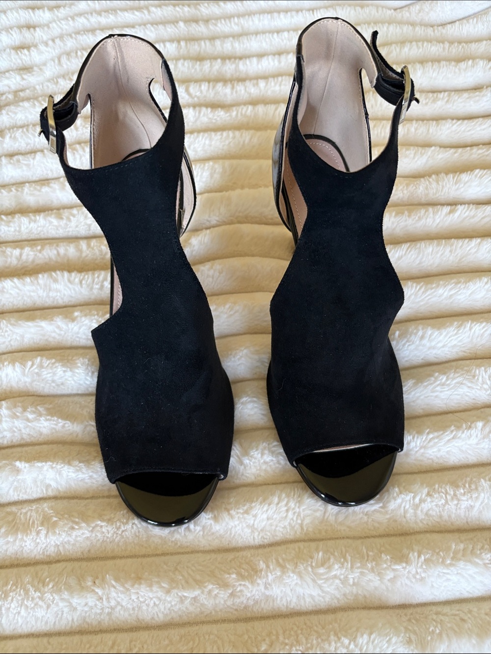 Black Suede -patent leather Open-Toe Ankle Strap Heels